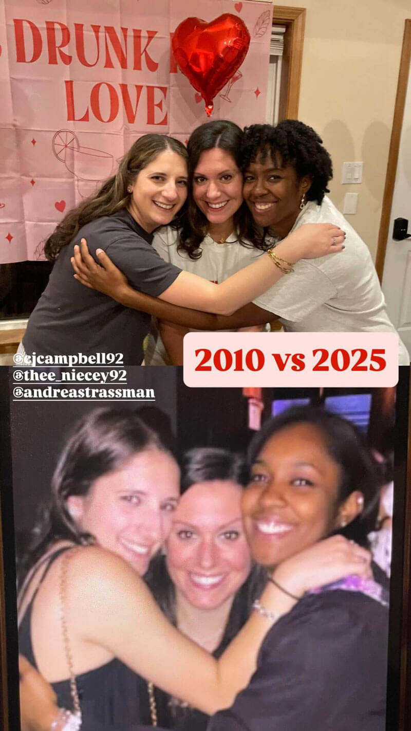 Quinnipiac alumna Catherine Campbell poses with friends for a picture