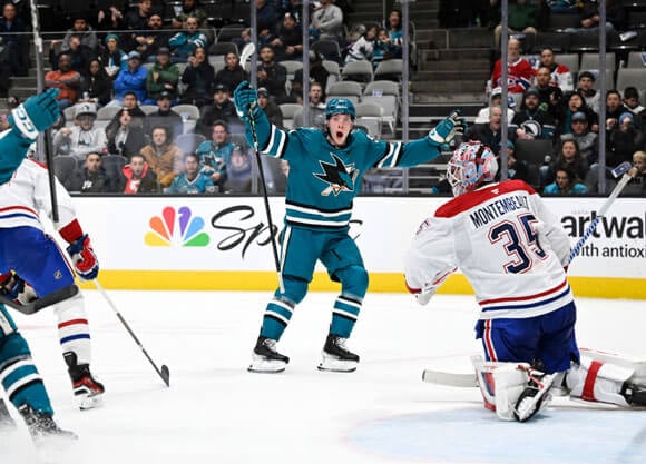 Quinnipiac Men's Ice Hockey alum, Collin Graft, celebrates his first NHL career goal.