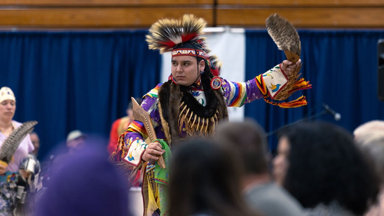 A dancer in traditional regalia performs at Quinnipiac’s Dancing in the Shadow of Sleeping Giant powwow