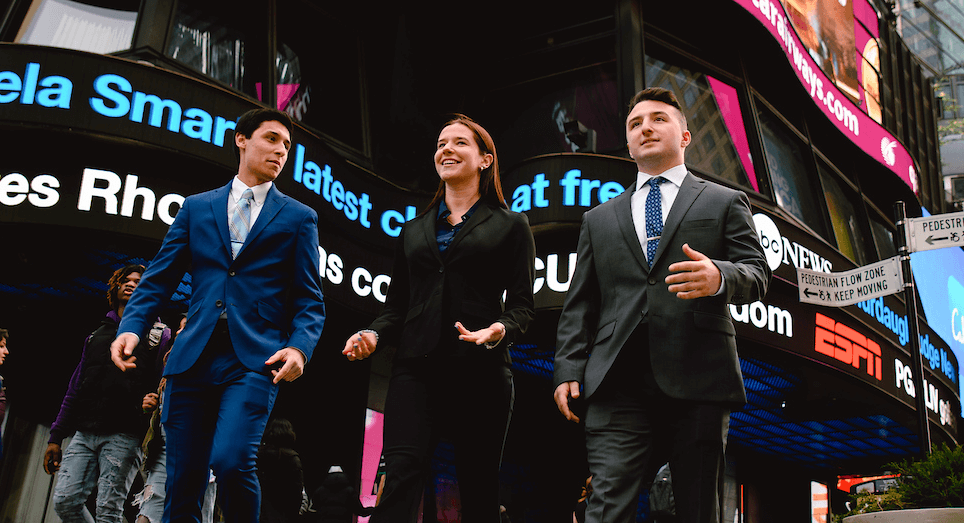 Students of the School of Business converse in New York City