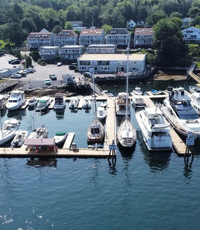 aerial view of a marina on a sunny day