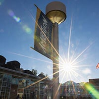 campus banner in front of student center