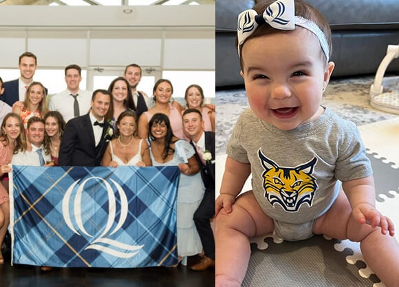 Two photos: a group of wedding guests holding a Quinnipiac flag, and a baby in Quinnipiac outfit